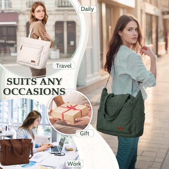 Dark Green Corduroy Large Tote Bag for Women with Zipper, Casual, Stylish, Versa - Picture 7 of 7